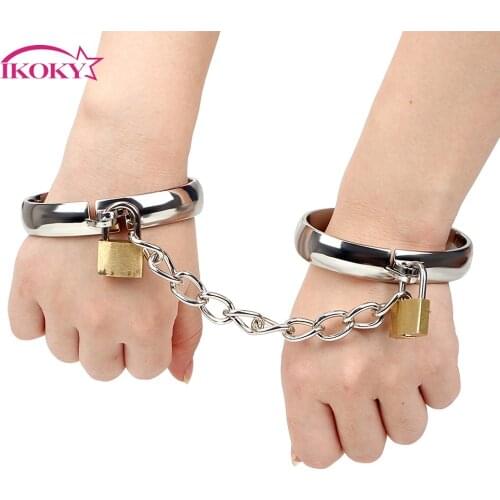 IKOKY 1 Pair Stainless Steel Bondage Restraints Female Male Handcuff Ankle Cuffs Wrist Cuff Metal Handcuff Adult Game Sex Toys