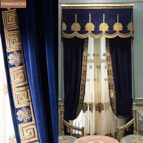 Custom curtains European Palace velvet embroidered living room high-end blue cloth blackout curtain tulle valance drape B691
