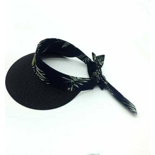 2020 New Pink White Natural Straw Cap Sun Visor Cap Hat Women Girl Floral Printed Elastic Band Sun Protect Beach Straw Visor