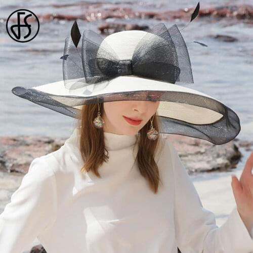 FS Big Wide Brim Oversized Beach Hats For Women Large White Straw Hat Foldable Sun Shade Hat Lady Fascinator Derby Caps