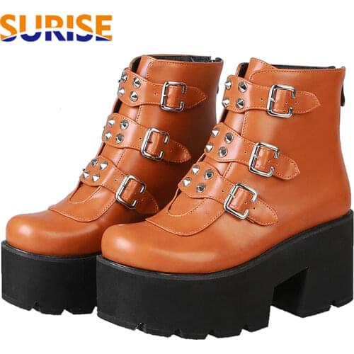 Winter Women Rivet Ankle Boots Black Brown Combat High Thick Heels Casual Ladies Punk Round Toe Zipper Motorcycle Platform Boots