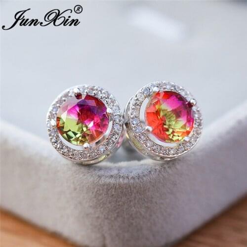 Mystic Rose Red Yellow Zircon Round Stud Earrings For Women White Gold Colorful Rainbow Fire Crystal Wedding Earrings Jewelry CZ