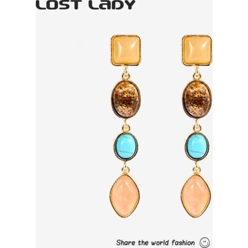 Lost Lady Charm Geometric Round Drop Earrings Statement Long Earrings for Women Exaggerated Wedding Accessories Party Jewelry