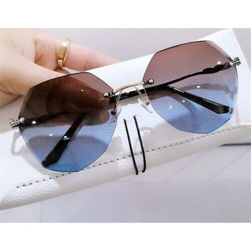 Women Cat Eye Rimless Sunglasses Luxury Designer Metal Gradient Sun Glasses Ladies Trimming Eyewear Tea Blue UV400