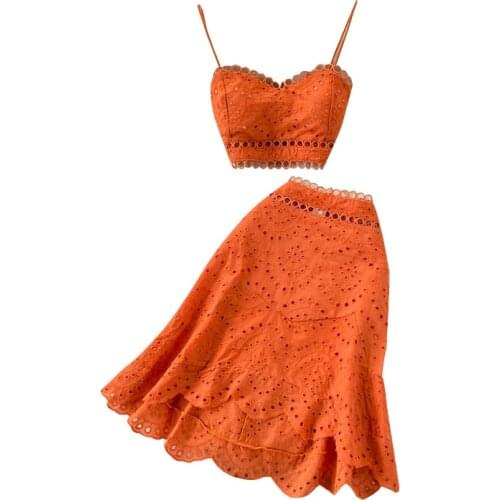 2021 New Summer Beach Vacation Women Sets Sexy Backless Hollow Out Camisole And Ruffles Hem Midi Skirt Two Piece Set