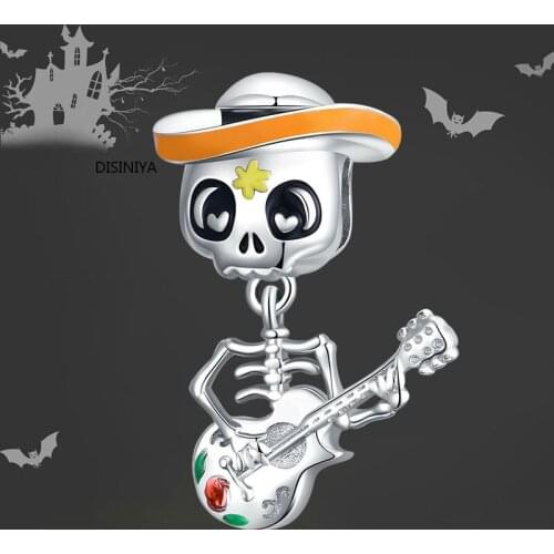925 Sterling Silver Halloween Skull Man with Guitar Charm for Original Silver Bracelet Fine Jewelry DIY Bangle ZBSC00327