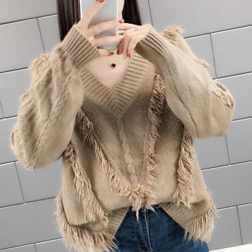 Autumn Spring Women Fashion Knitting Sweaters Female Sweater V-Neck Irregular Tassels Tops Ladies Loose Knitted Pullovers H436