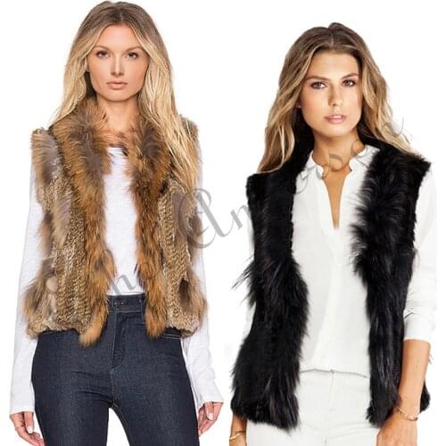 ETHEL ANDERSON Womens Genuine Handmade Knitted Rabbit Fur Vest Fur Collar Gilet Waistcoat for Spring Grass Grey Black Yellow