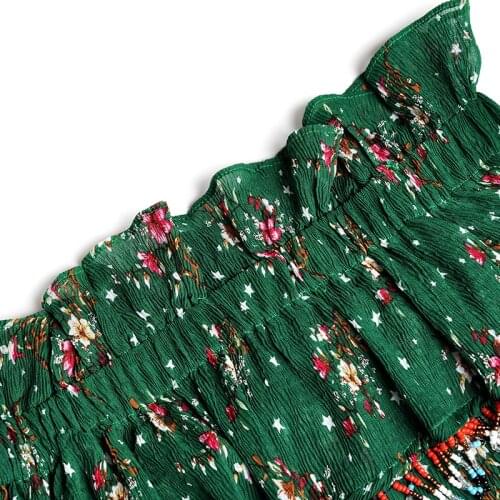 Off Shoulder Beading Tassel Design Sleeve Summer Women Chiffon Ruffle Pleated Long Dress Elegant Floral Print Vestidos