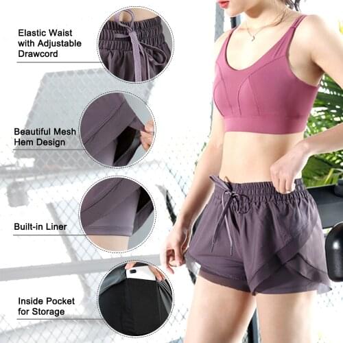 2-in-1 Women High Waist Yoga Shorts with Liner Quick Dry Sport Running Fitness Athletic Shorts with Phone Pocket