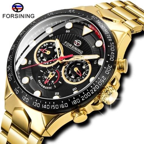 Forsining Brand Mehchanical Men Watch Chronograph Luminous Hand Stainless Steel Watch Fashion Waterproof Sport Male Clock Gift