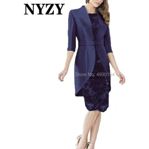 Elegant Satin Jacket 2 Piece Navy Blue Mother of the Bride Dresses NYZY M215A Lace Party Dress Godmother Outfits Church Suits