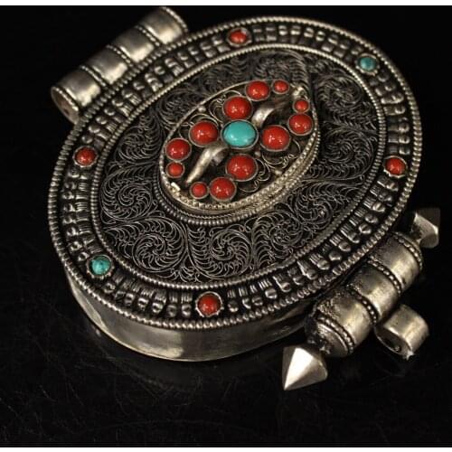Old Tibetan silver hand-made inlaid gemstone filigree jewelry decorative box ,Retro Gawu box