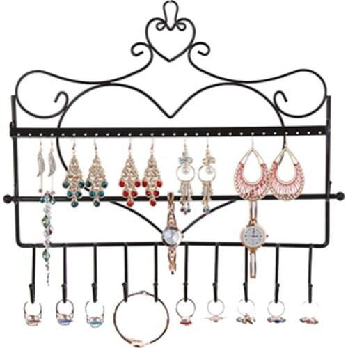 28 Holes Metal 10 Hooks Mounted Earring Necklace and Bracelet Love Type Display Stand Metal Jewelry Storage Stand Earring Holder