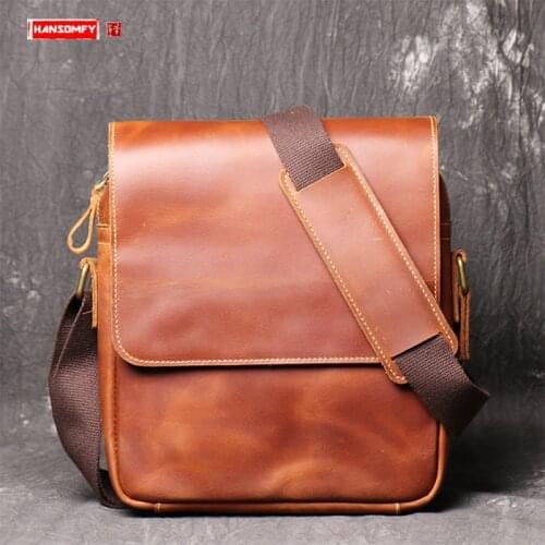 New Genuine Leather Mens Bag Handmade Shoulder Messenger Bag Crossbody Bag Retro Fashion Cowhide Ipad Bags Crazy Horse Leather