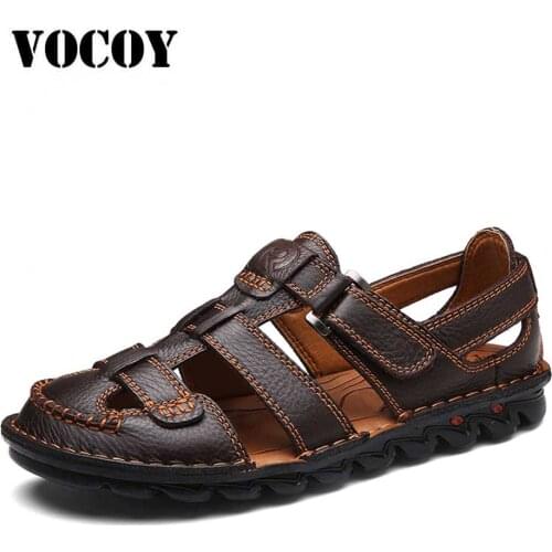 Mens Casual Closed Toe Leather Sandals Outdoor Fisherman Adjustable Summer Beach Soft Shoes Classic Comfortable Slippers