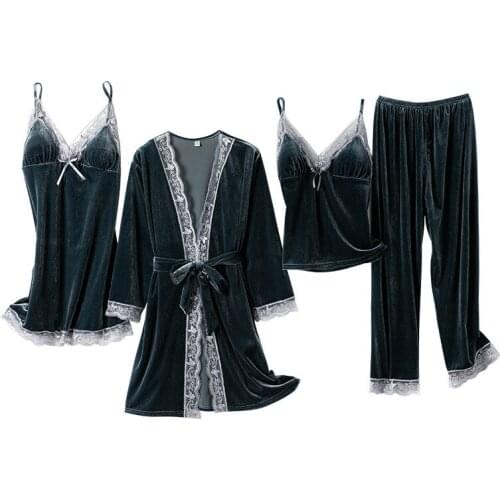 New Women Velvet 4 Pieces Pajamas Set Warm Sexy Lace Nightclothes Winter Sleepwear Sling Nightdress Homewear With Chest Pad M-XL