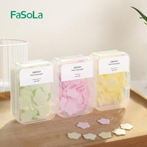 FaSoLa 3 Boxes Disposable Cute Mini Flower Shape Paper Soap with Box Hand-washing Soap Paper Flakes Portable Handwashing Soap