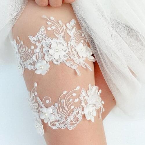 New 2 Piece Garter Wedding Belt White Embroidery Floral Sexy Garter Women Bride Lace Leg Loop