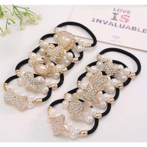 Women Hair Accessories Pearls Beads Headbands Ponytail Holder Girls Scrunchies Vintage Elastic Hair Bands Rubber Rope Headdress