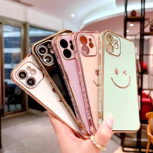 Luxury Phone Case For iPhone 12 Mini 11 Pro X XR XS Max 7 8 Plus SE 2 Electroplated Smile Face Cute Side Pattern Soft TPU Case