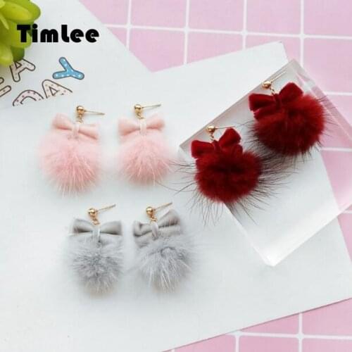 Timlee E219 Free shipping Sweet Cute Hair Ball Earring Bowknot Dangle Winter Drop Earrings Wholesale