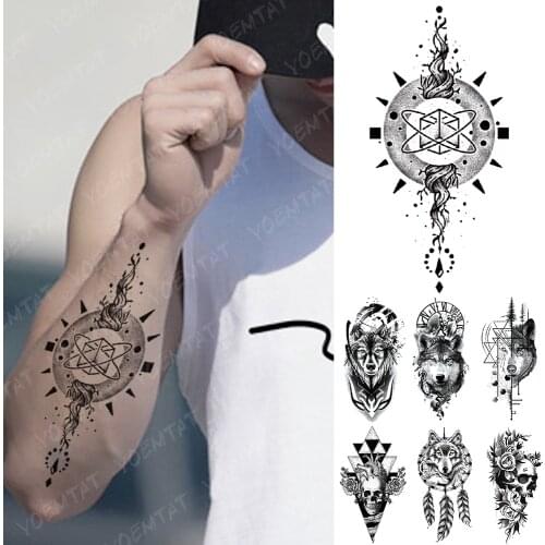 Waterproof Temporary Tattoo Sticker Circular Totem Sun Energy Flash Tattoos Wolf Skull Body Art Arm Fake Sleeve Tatoo Women Men