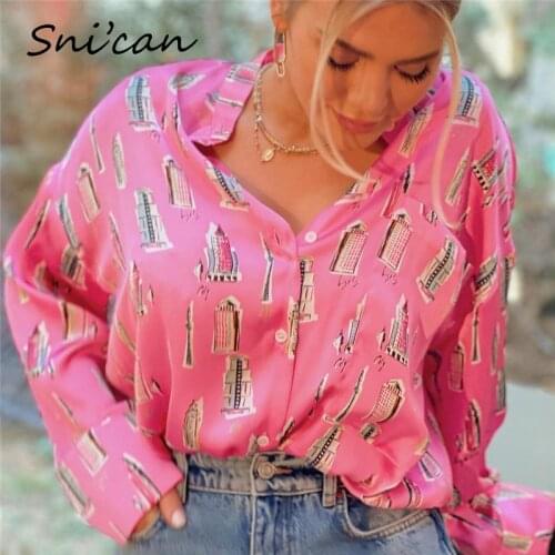 Snican Fashion Building Print Satin Shirts Oversize Casual Office Ladies Blouse Za Chemise Satin Femme Vetements 2021 Spring