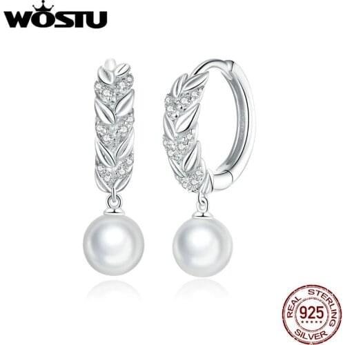 WOSTU Real 925 Sterling Silver Earrings Shining CZ Wheat Pearl Hoop Earrings Earrings For Women Friendship Jewelry CTE446