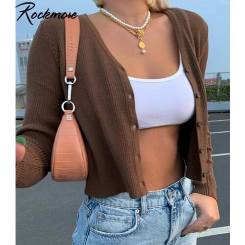 Rockmore Sweater Knitwear Women Autumn Y2K Long Sleeve V Neck Knitted Cardigans Harajuku Korean Brown Crop Tops Solid Outwear