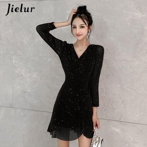 Jielur Summer Dress Long Sleeve High Waist V-neck Elegant Vestidos Autumn Dresses Slim Chic Mesh Mini Women Dress S-XL