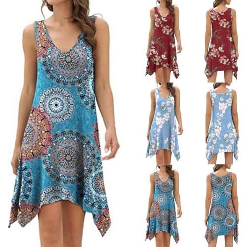 Womens Vintage Print Flower Temperament Sleeveless V-neck Tank Dress Summer Ladies Casual Dress Sundress Vestidos Платье Летнее