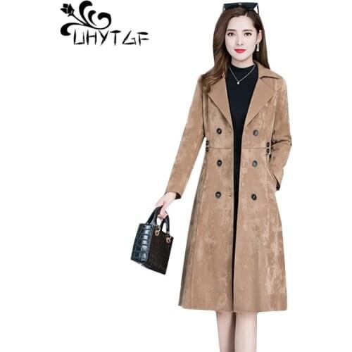UHYTGF Quality Suede Autumn winter trench coat Womens double-breasted slim long coat solid color wild elegant Female coats 1256