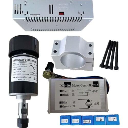 0.2KW Air cooled spindle 24V Motor CNC 200W Spindle Motor + Power Supply +Speed Governor + 52mm Clamp + ER11 7PCS/ER16 7PCS