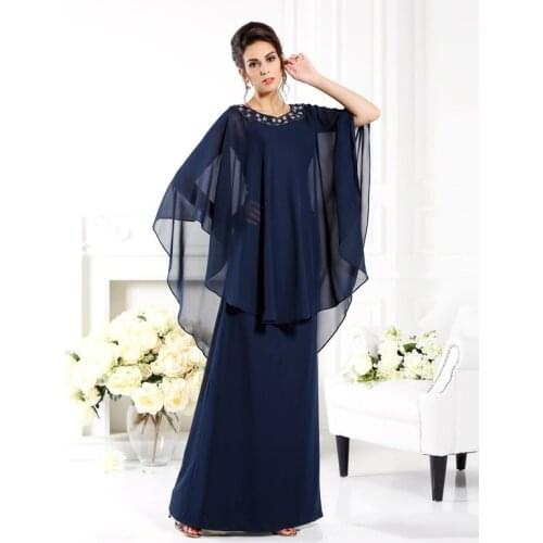 Latest Unique Navy Blue Beaded Jewel Neckline Mother of the Bride Dresses With Cape Wedding Party Gowns Floor Length On Sale