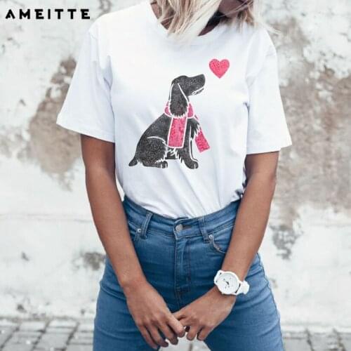 AMEITTE New Summer Fashion Short Sleeve Field Spaniel Black Print T-Shirt Woman Casual White Tops I Love Dog Design Girl Tees