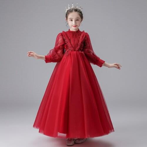 Flower Girl Dresses Illusion Princess Sequined Ball Gown Appliques Beading Embroidery Pearls O-Neck Tulle Kids Party Dress H014