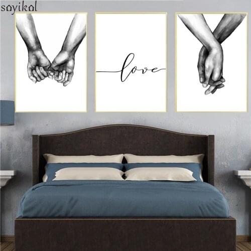 Canvas Prints Black And White Sketch Holding Hands Lovers Wall Pictures For Living Room Abstract Nordic Poster Home Decoration