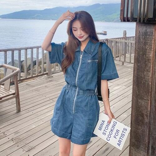 Summer Denim One Piece Shorts Jumpsuit Women Streetwear Hip Hop Multi-pockets Zipper Wide Leg Short Jeans Overalls Romper 2021