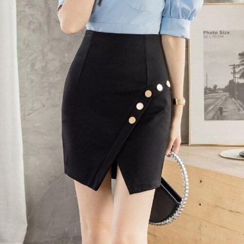 Summer Womens Short Black Elegant Casual Asymmetric Button Wrapped Hips Nylon Cotton Mini Skirt Korean Fashion Clothing A054