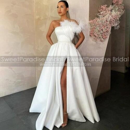 Fashion Wedding Dress With Fetaher 2021 White Satin ALine High Split Strapless Women Long Bridal Dresses Formal