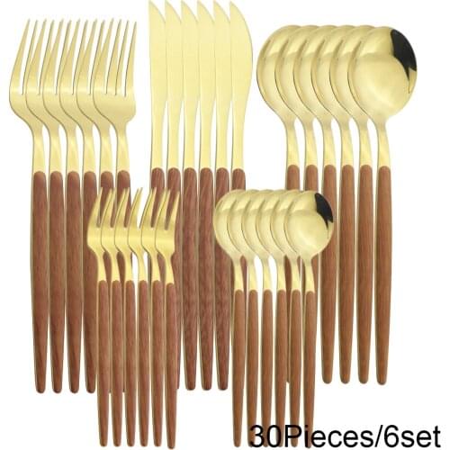 Wooden Handle Cutlery Set Stainless Steel Tableware Set Knife Fork Spoon Dinnerware Set Coffee Tea Spoon Silverware Set Kitchen