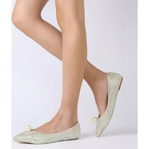 BaoYaFang New Arrive AB Crystal Wedding Flat Shoes Bride Pointed Toe Ladies Party Dress Shoes Woman perfomance Big Size Flat