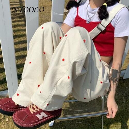NYOOLO Vintage Streetwear Love Embroidery Elastic Waist Loose Cotton Wide Leg Pants Women Casual High Waist Sweet Girls Trousers