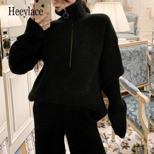 Autumn Winter Knitted 2 Pieces Set Korean Oversized Casual Harajuku Thick Sweater And High Waist Wide Leg Loose Pants Sets 2021