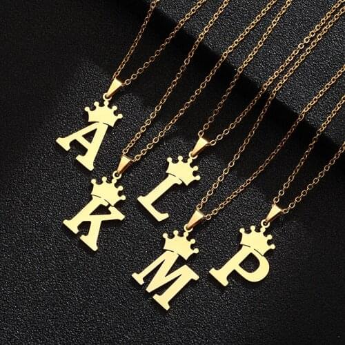 26 PCS/ Lot A-Z Initial Letter Necklace Stainless Steel Personality Jewelry Long Chain Cute Crown Necklace For Women Girl