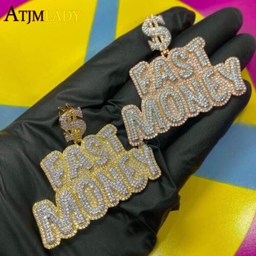 Hip Hop Iced Out Bling Cubic Zirconia CZ Dollar Symbol Fast Money Pendants Necklaces For Men Letter Jewelry New Arrive