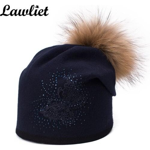 Lawliet Real Fur Pom Pom Hat for Women Ladies Rhinestone Lace Butterfly Winter Cap Cashmere Beanie Female Wool Knitted Women Hat