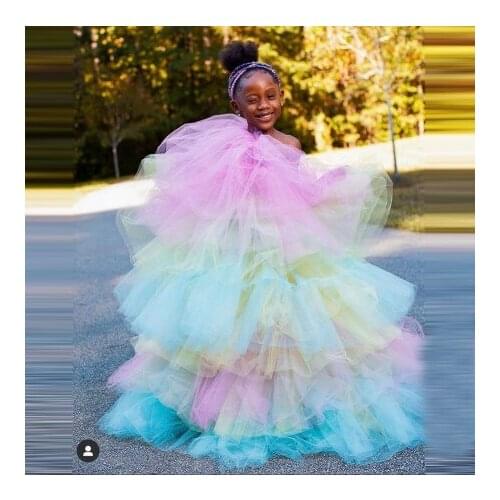 Colorful Tulle Girls Dresses Extra Puffy Long Length Birthday Kids Gift Rainbow Performance Gowns For Photo Shoot