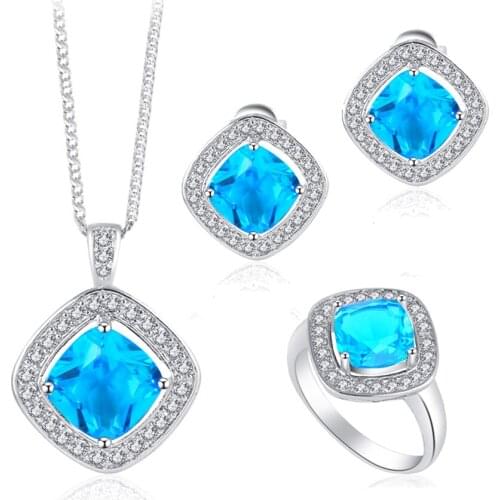 ROLILASON silver plated stamped Earring Necklace Pendant rings Light blue AAA CZ Fashion Jewelry Set for party JS639